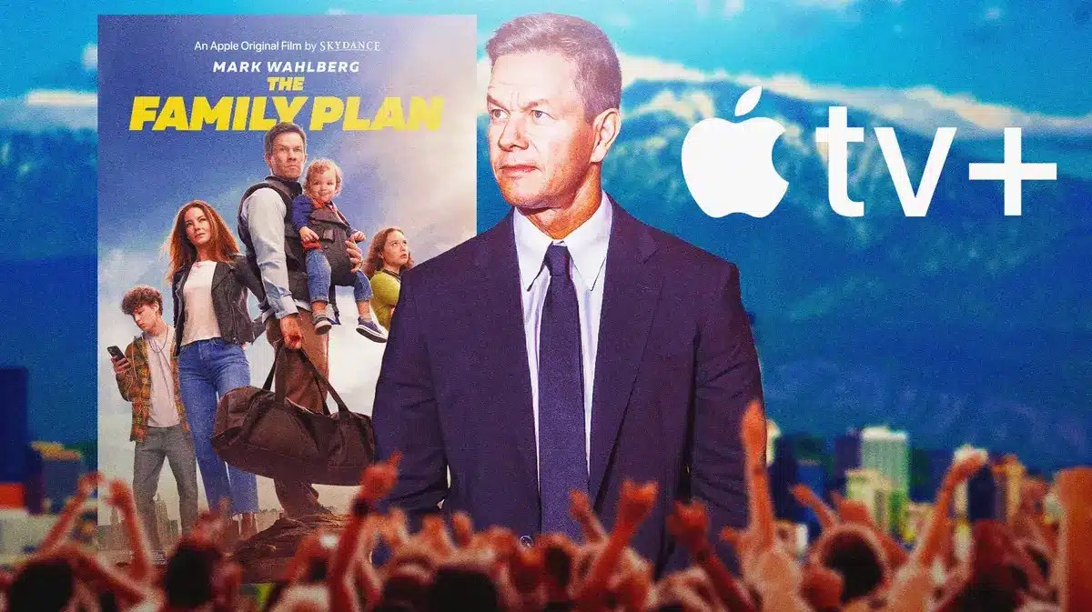 Mark Wahlberg next to The Family Plan poster and Apple TV+ logo.