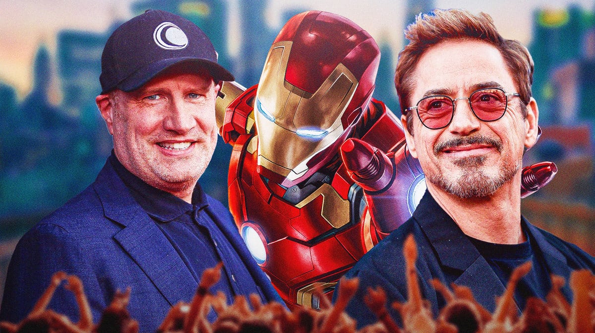 Kevin Feige with Robert Downey Jr. and Iron Man.