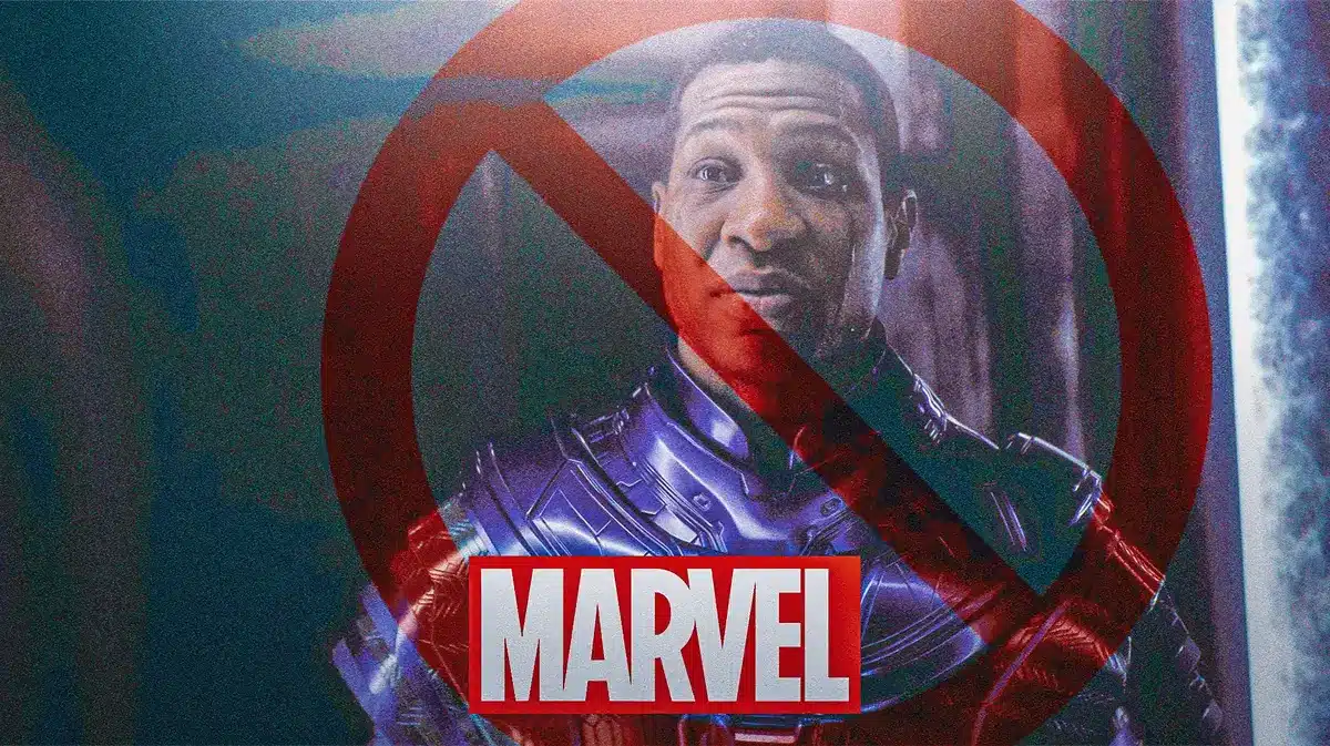 Jonathan Majors, in character as Kang from Loki, has a red circle with a line crossing through his image, with the Marvel logo below