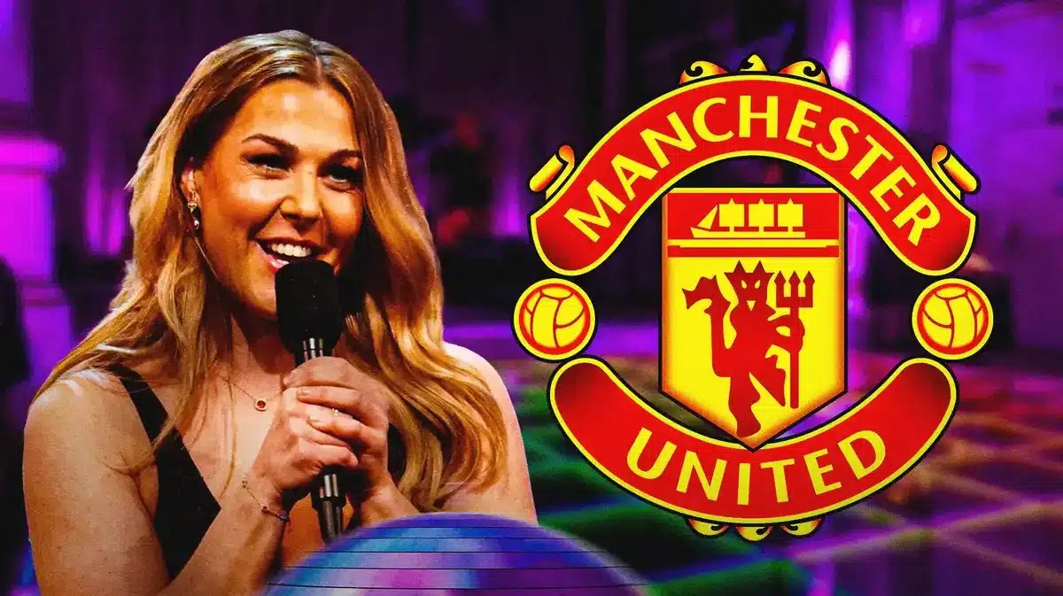 Mary Earps on a dancefloor, the Manchester United logo in the air