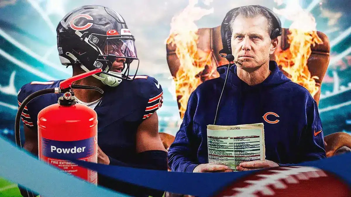 Justin Fields with a fire extinguisher, putting out the flames on Matt Eberflus' hot seat