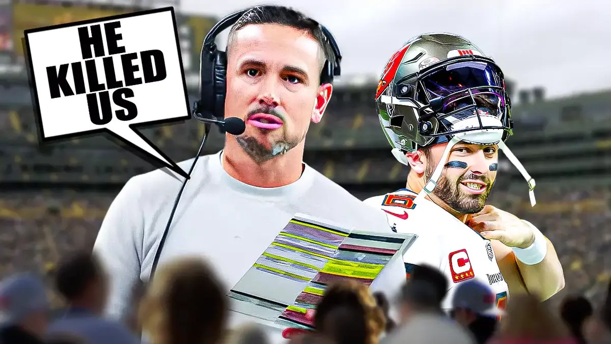 Matt LaFleur saying “He killed us” next to Baker Mayfield. Lambeau Field as background