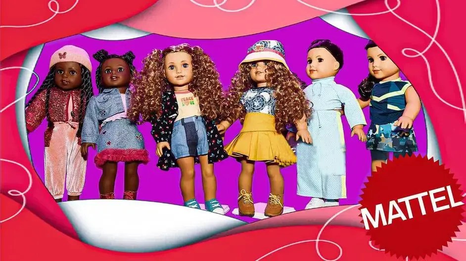 American Girl dolls with a Mattel logo.