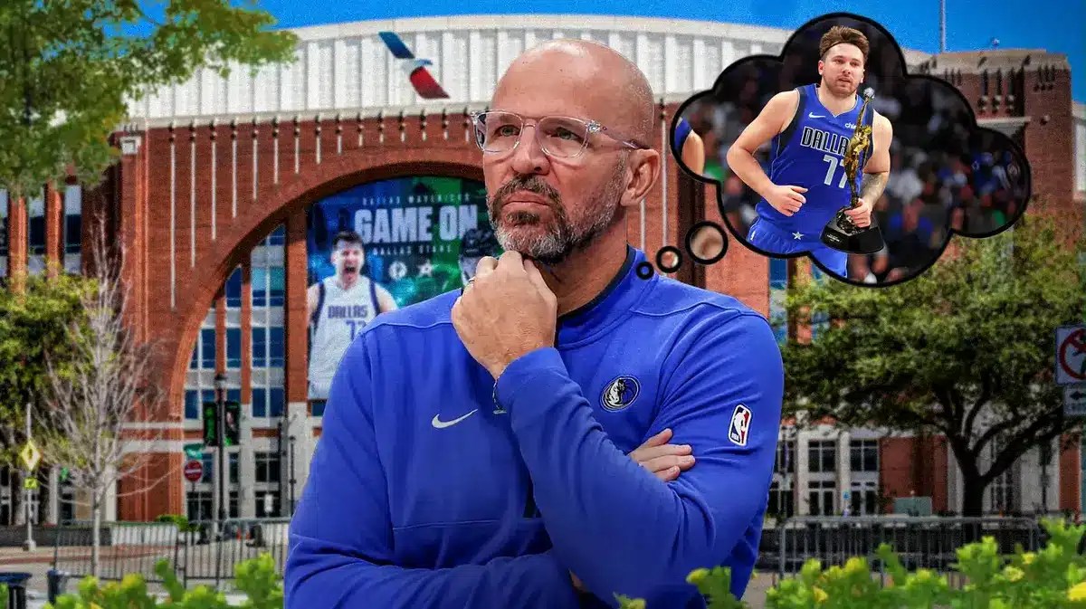 Mavs head coach Jason Kidd with a thought bubble containing Luka Doncic holding the new MVP trophy