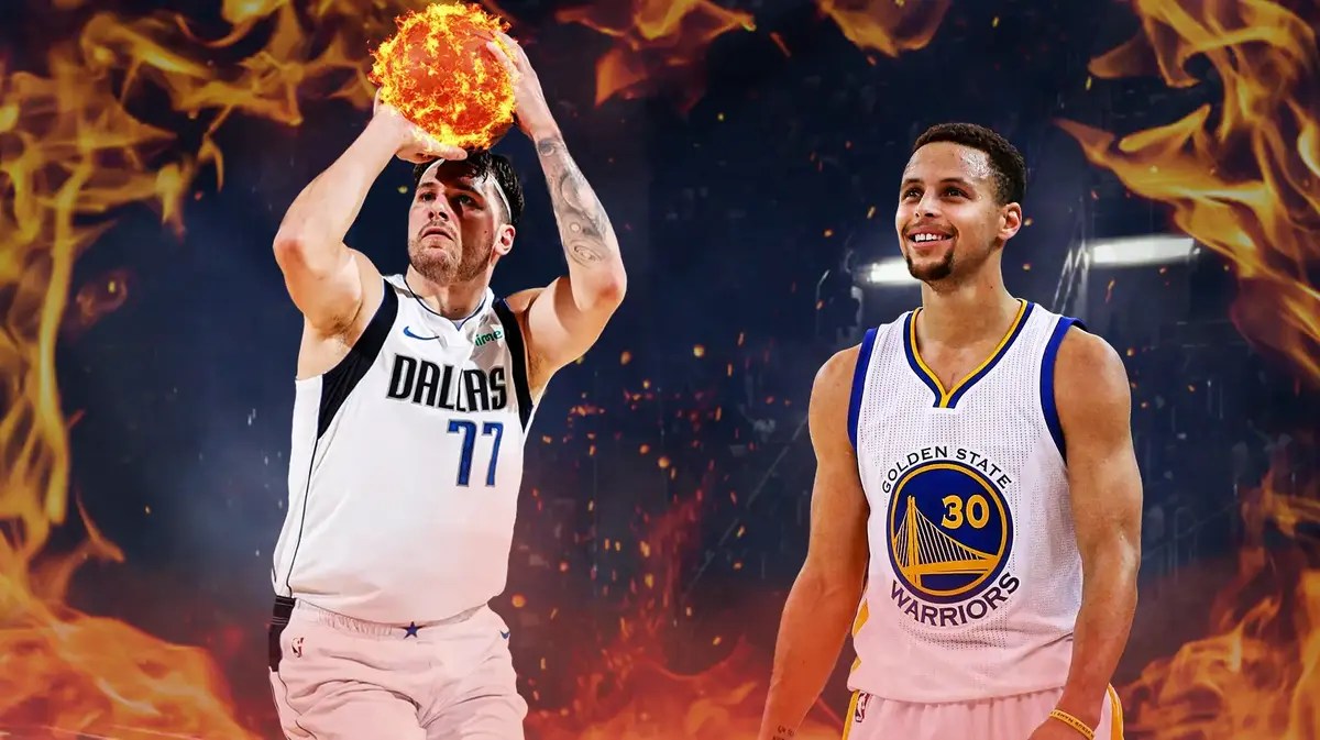 Mavs' Luka Doncic shooting a fireball, with Warriors' Stephen Curry (2015 version) smiling at Luka