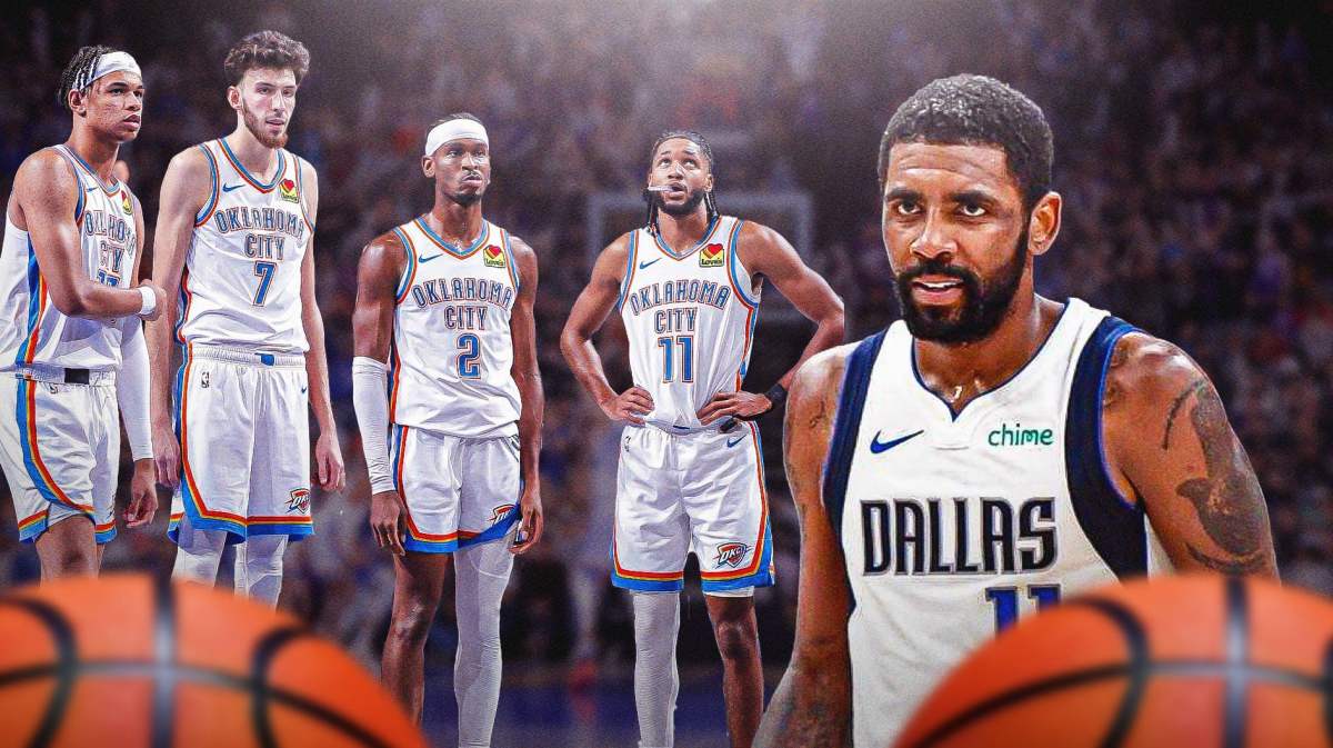 Dallas Mavericks guard Kyrie Irving on the right, and on the left members of the Oklahoma City Thunder.