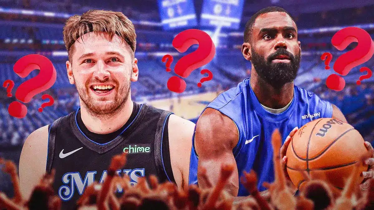 Mavs' Luka Doncic, Mavs' Tim Hardaway Jr. shooting basketballs at the American Airlines Center. Question marks all over image.
