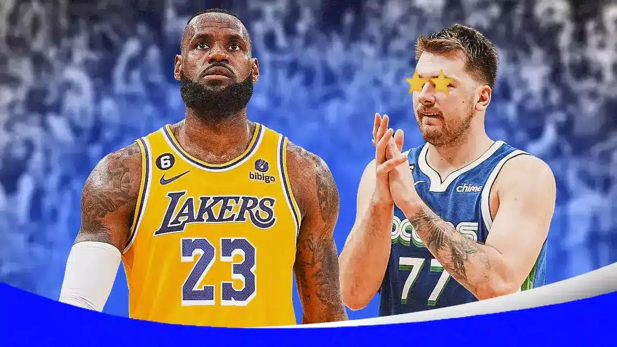 Mavs' Luka Doncic with stars in eyes looking at Lakers' LeBron James
