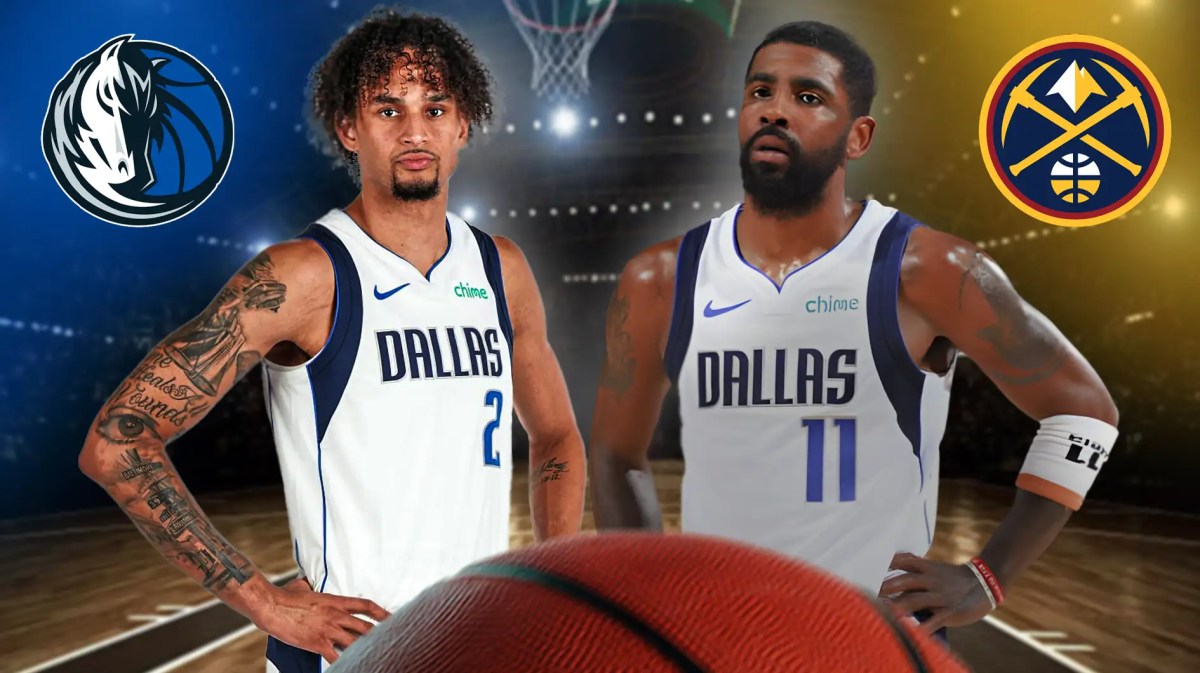 Kyrie Irving and Dereck Lively II with both the Mavs and Nuggets logos in the background, also include an injury red cross