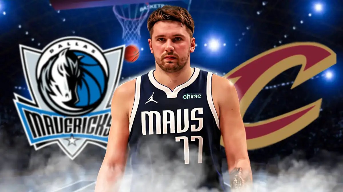 Mavs' Luka Doncic looking serious in front. Need a Mavs vs. Cavs logo in background.
