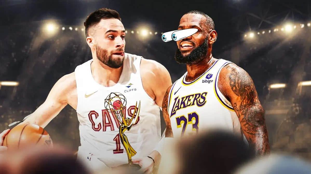 Max Strus holding an Emmy Award trophy. LeBron James with his eyes popping out