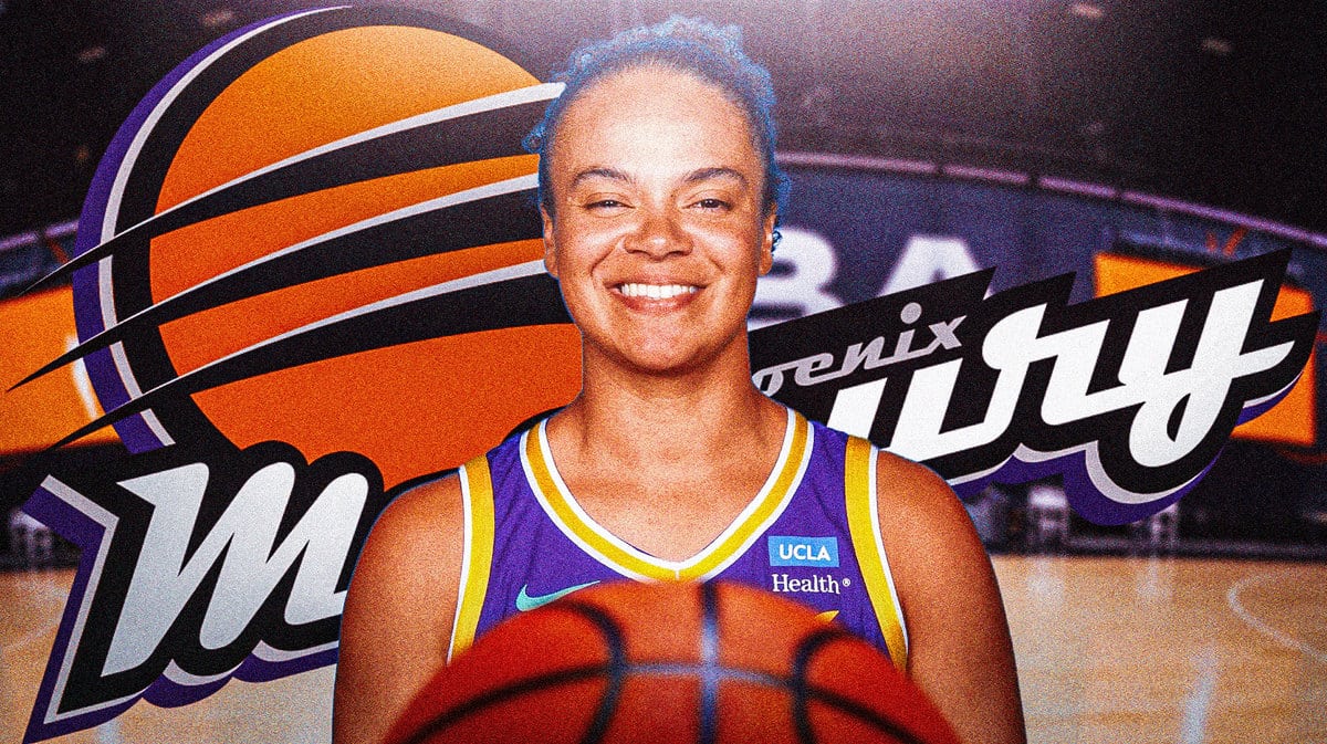 Former WNBA player Kristi Toliver in front of the Phoenix Mercury logo