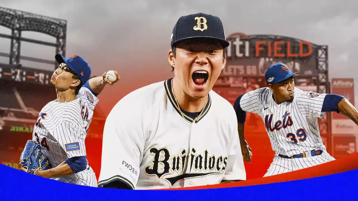 Yoshinobu Yamamoto hyped up in the middle, with Mets' Kodai Senga pitching on the left and Mets' Edwin Diaz pitching on the right