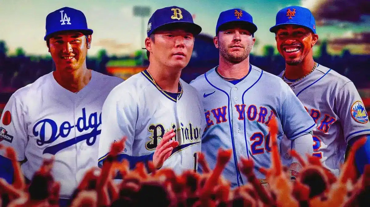 Mets' Francisco Lindor, Mets' Pete Alonso on right. Dodgers' Shohei Ohtani on left. In the middle, Yoshinobu Yamamoto.