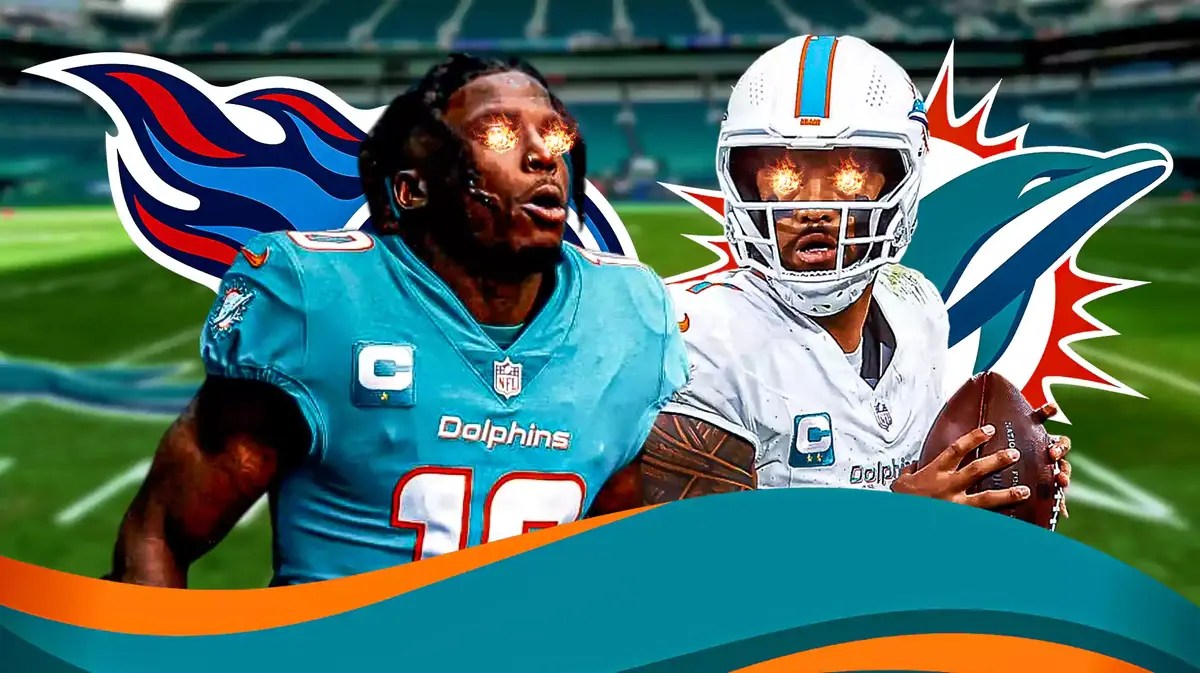 Tua Tagovailoa and Tyreek Hill with fire in their eyes. Dolphins and Titans logos in the background