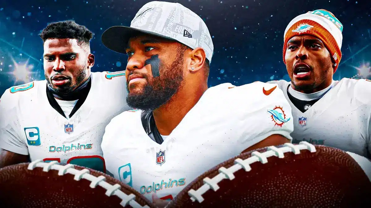 Miami Dolphins stars Tua Tagovailoa, Tyreek Hill, and Jaylen Ramsey in front of Hard Rock Stadium.