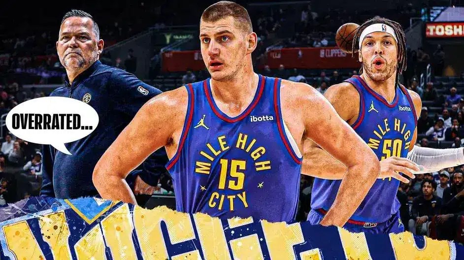 Nikola Jokic, Aaron Gordon, and Michael Malone, with Malone saying “overrated…”