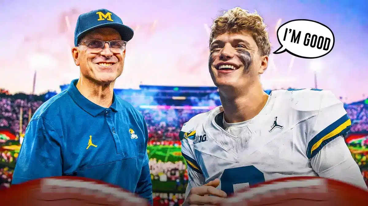 Photo: JJ McCarthy in Michigan football jersey saying “I’m good”, Jim Harbaugh smiling beside him, Rose Bowl as background