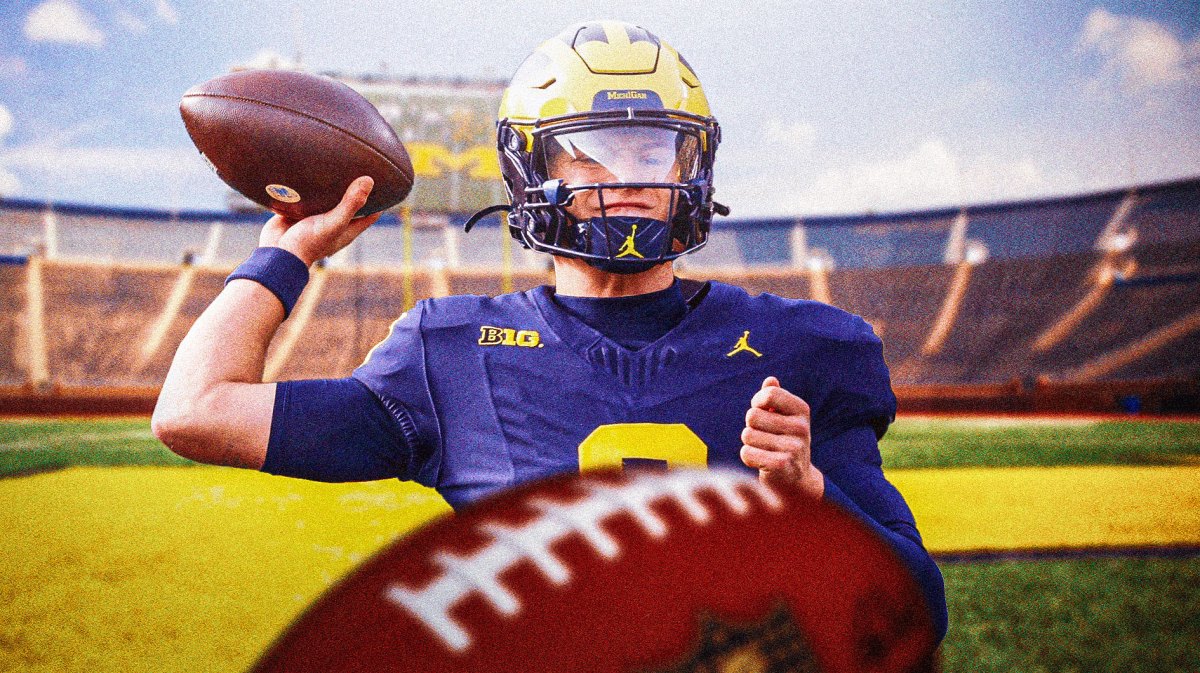 Michigan football, JJ McCarthy, JJ McCarthy injury, Wolverines, Kirk Campbell, JJ McCarthy in Michigan uni with Michigan football stadium in the background