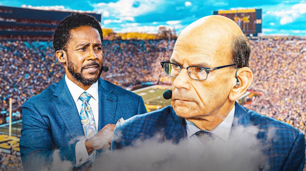 Michigan football, Wolverines, Paul Finebaum, Desmond Howard, Rich Eisen, Desmond Howard and Paul Finebaum with Michigan football stadium in the background