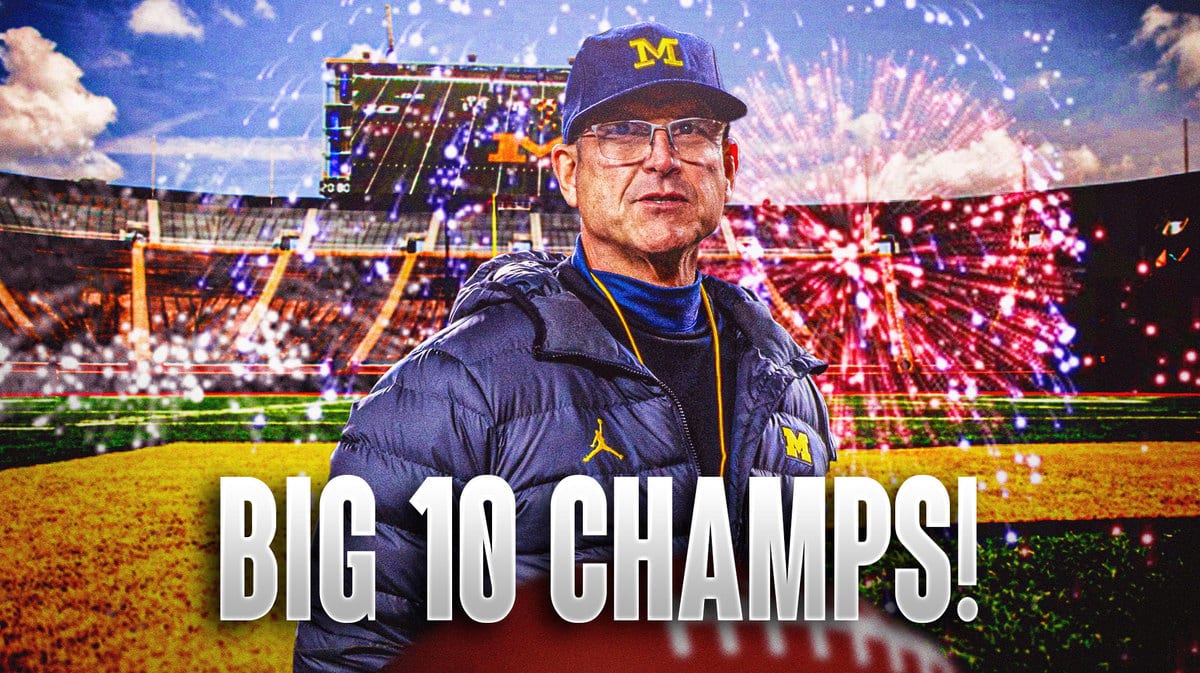 Jim Harbaugh in the middle with stars in his eyes ⭐️ and Fireworks in the background.