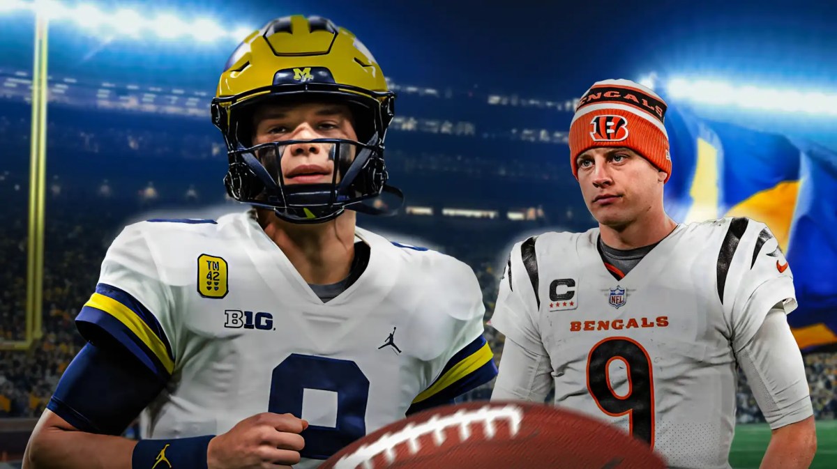 Michigan football, Wolverines, JJ McCarthy, Alabama football, Terrion Arnold, JJ McCarthy and Joe Burrow with Michigan football stadium in the background