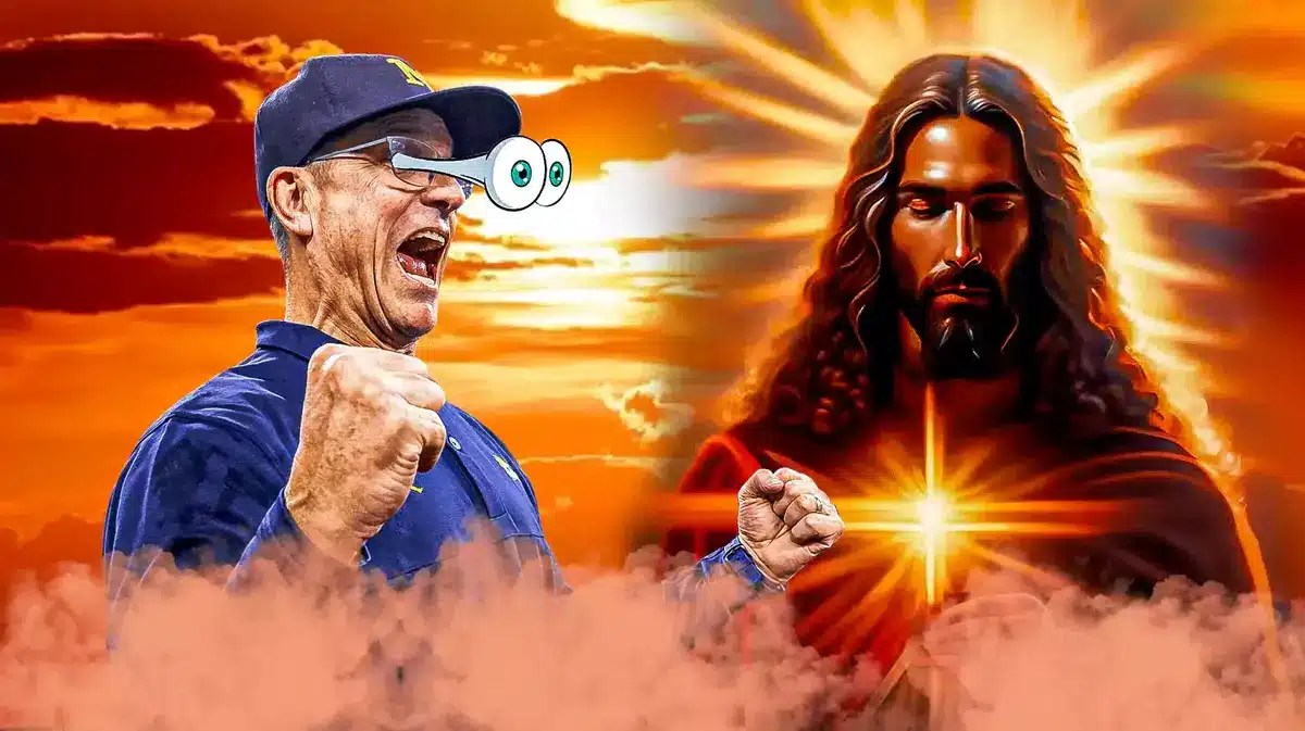 Jim Harbaugh with big emoji eyes. Jesus next to him.