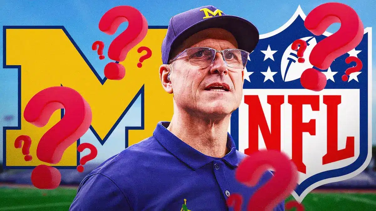 Michigan football coach Jim Harbaugh between the Wolverines logo and the NFL logo.