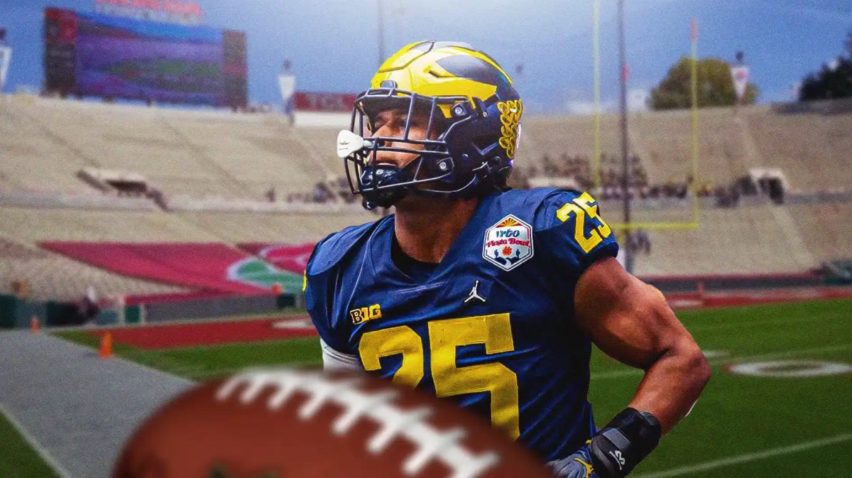Michigan football, Wolverines, Alabama football, Junior Colson, Rose Bowl, Junior Colton in Michigan uni with Rose Bowl stadium in the background