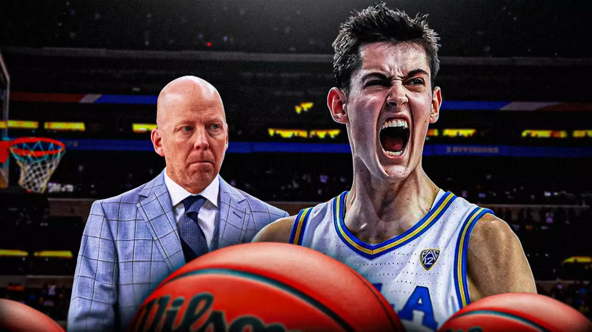 UCLA basketball, Bruins, Mick Cronin, Aday Mara, Aday Mara UCLA, Mick Cronin and Aday Mara (in UCLA uni) with UCLA basketball arena in the background