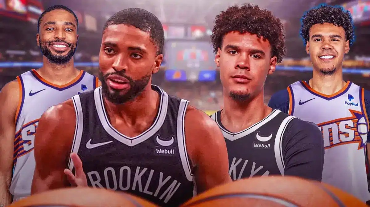 Photo: Mikal Bridges, Cam Johnson in Nets jerseys, Bridges and Johnson in Suns jerseys in background as well with Footprint Center as the silhouette