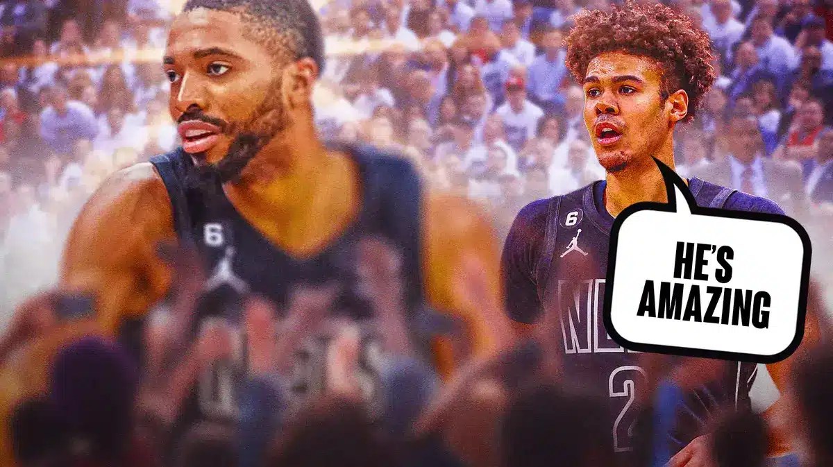 Cam Johnson saying "He's amazing" next to Mikal Bridges