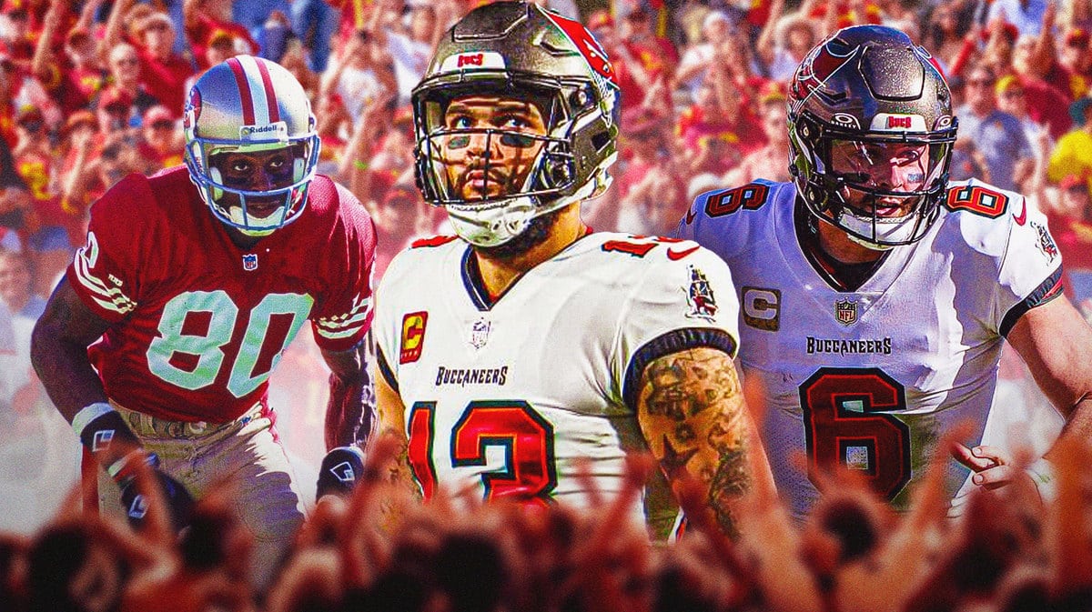 Buccaneers Mike Evans and Baker Mayfield against Panthers with Jerry Rice