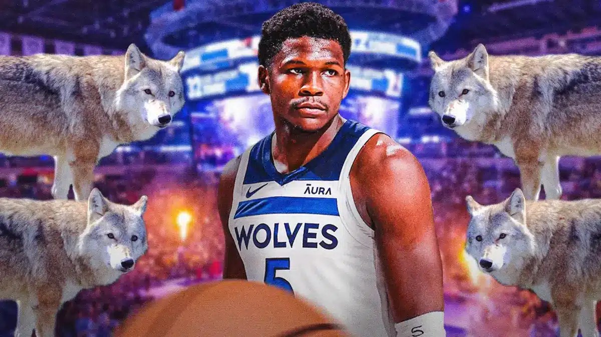 Minnesota Timberwolves Anthony Edwards surrounded by actual timberwolves