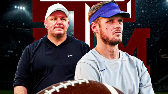 Photo: Mike Elko and Collin Klein next to each other in Texas A&M gear with the Aggies logo behind them