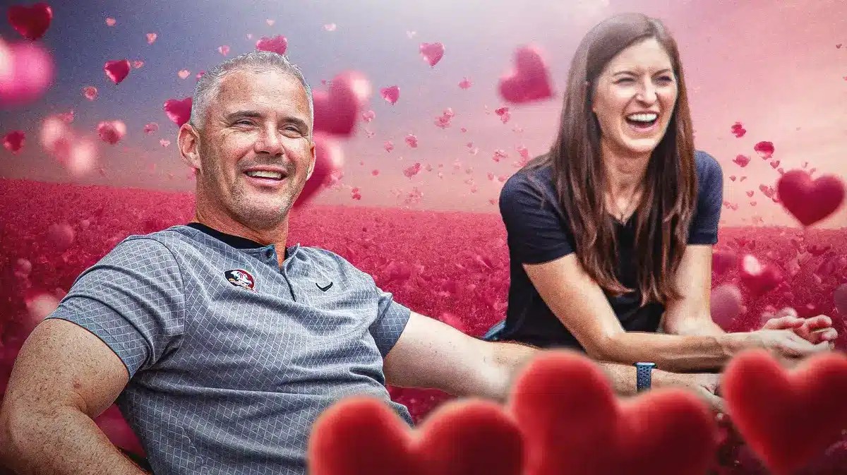 Mike Norvell and Maria Norvell surrounded by hearts.