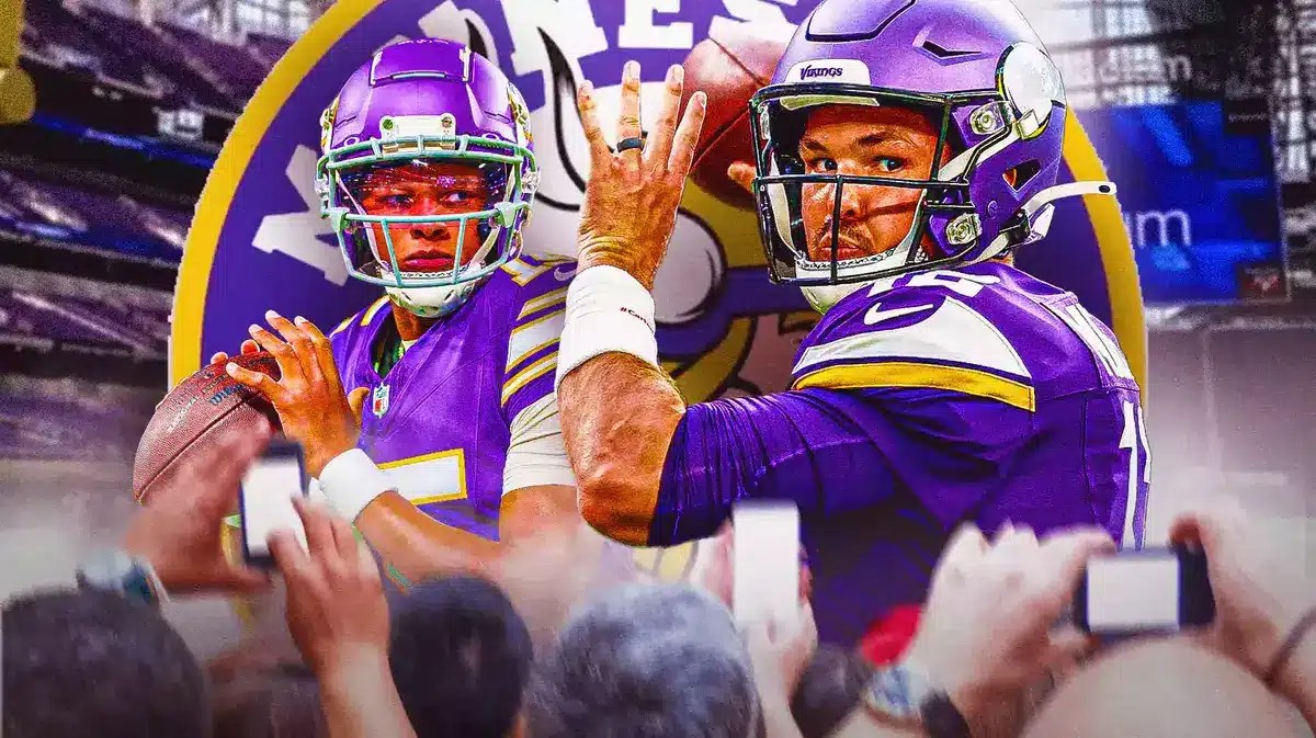 Josh Dobbs and Nick Mullens looking serious, with the US Bank Stadium in the background