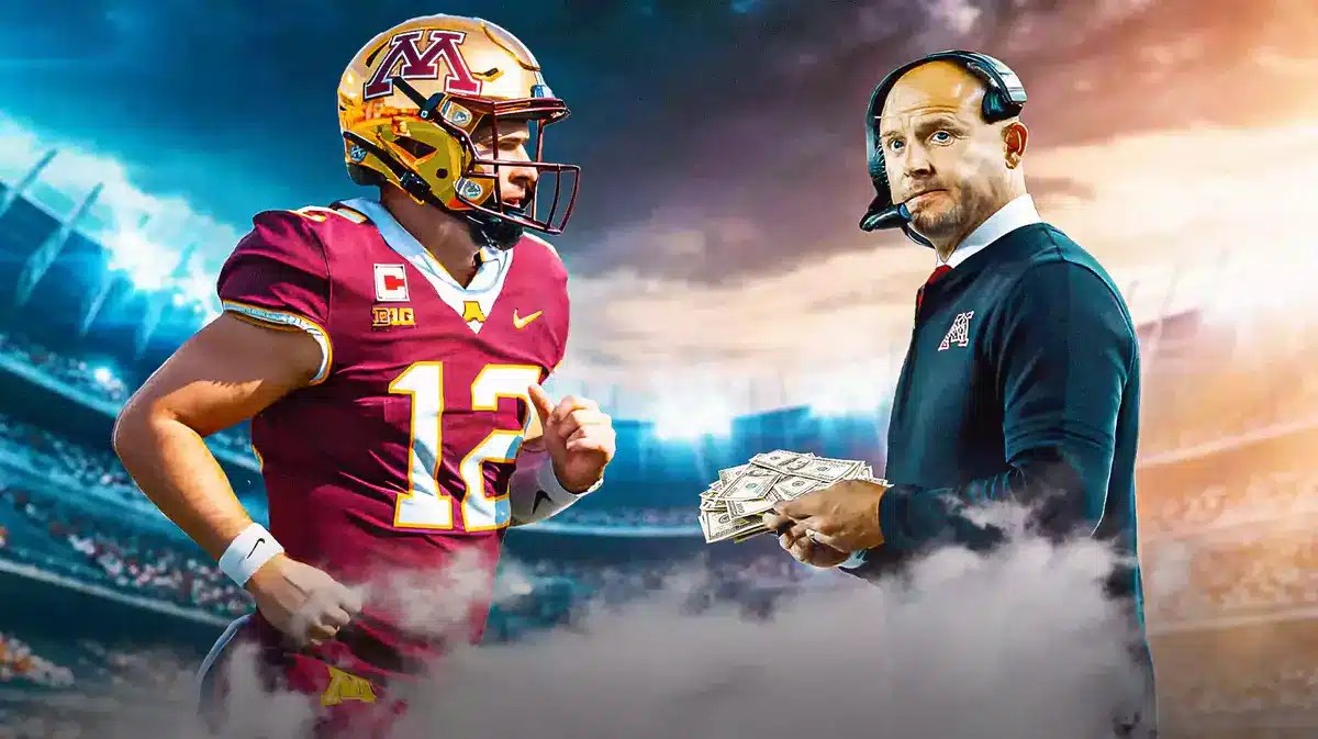 Minnesota football coach PJ Fleck and Cole Kramer