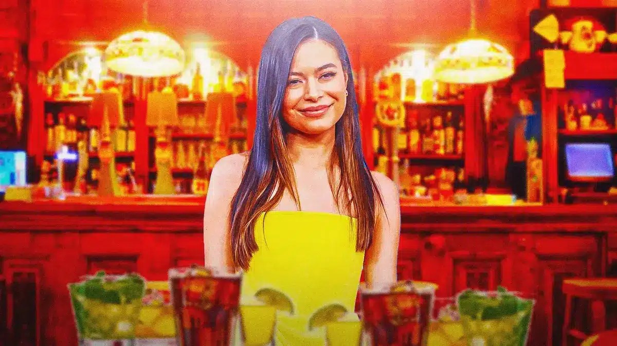 Miranda Cosgrove with bar background.