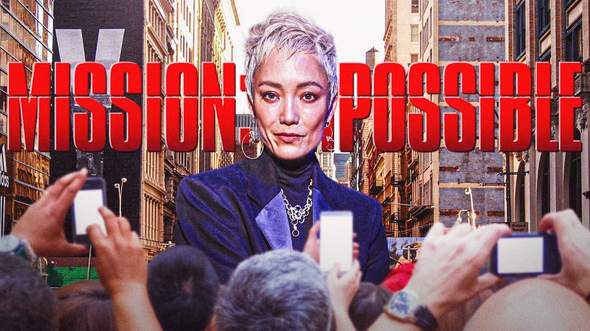 Pom Klementieff with Mission: Impossible logo and city background.