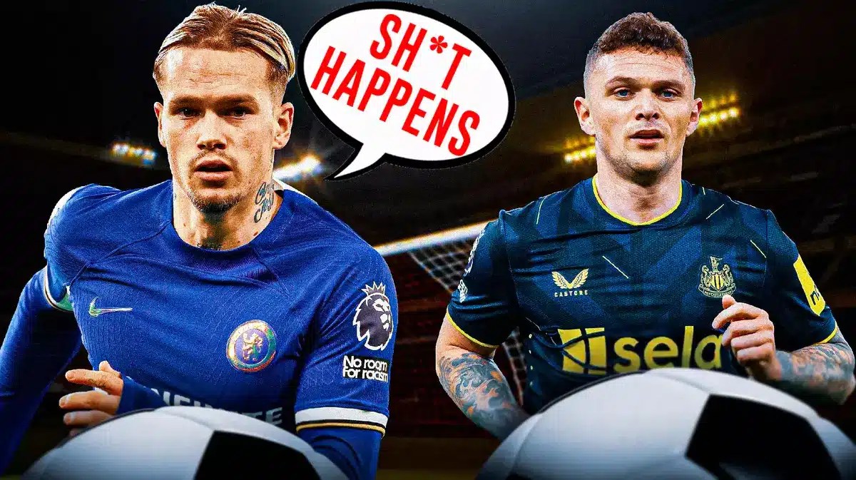 Mykhailo Mudryk saying: ‘Sh*t happens’ next to Kieran Trippier, the Chelsea logo in the back