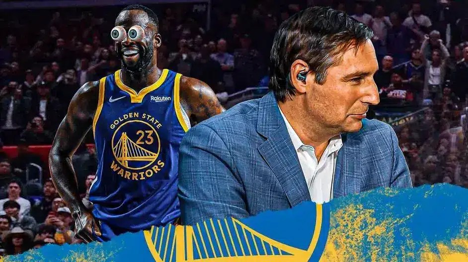 Zach Lowe of ESPN and Draymond Green (Warriors) both looking serious