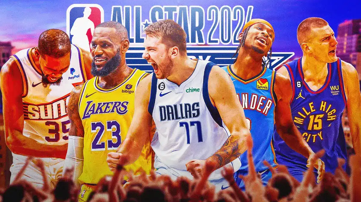 Kevin Durant, LeBron James, Luka Doncic, Shai Gilgeous-Alexander, Nikola Jokic representing the West NBA All-Stars