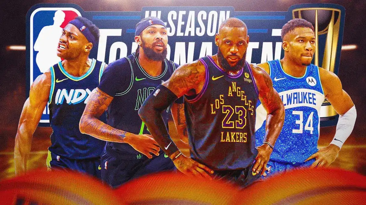 LeBron James, Brandon Ingram, Giannis Antetokounmpo, Bruce Brown all together with In-Season Tournament logo.