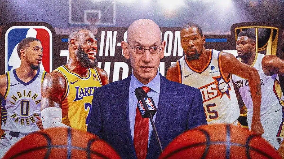 Adam Silver, LeBron James, Tyrese Haliburton, Kevin Durant and Zion Williamson with NBA In-Season Tournament logo