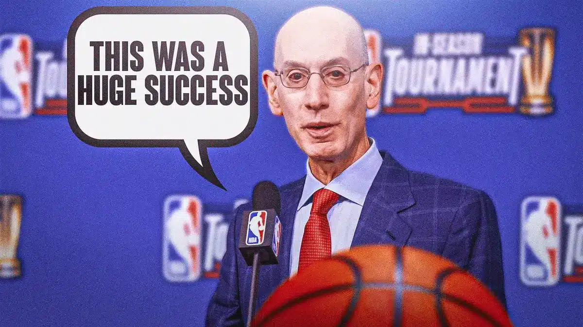 Adam Silver saying "this was a huge success" with NBA in-Season Tournament logo behind him