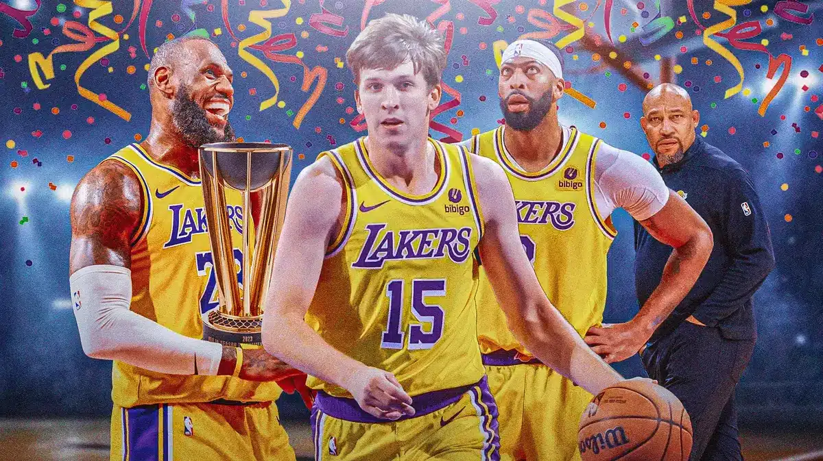 Lakers' LeBron James, Austin Reaves, Anthony Davis and Darvin Ham celebrating NBA in-Season Tournament
