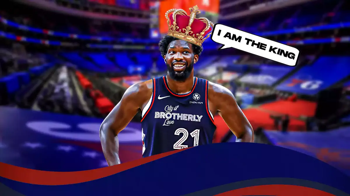 Joel Embiid wearing a crown saying "I am the King"