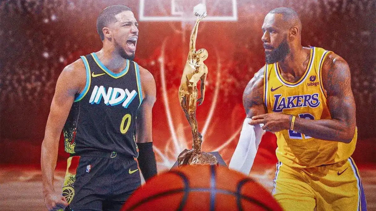 LeBron James and Tyrese Haliburton battling it out for the NBA MVP trophy