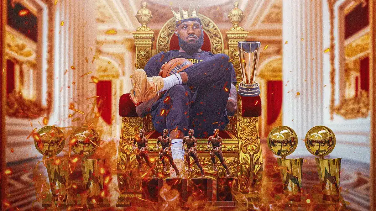 LeBron James sitting on King throne with awards and accolades around him